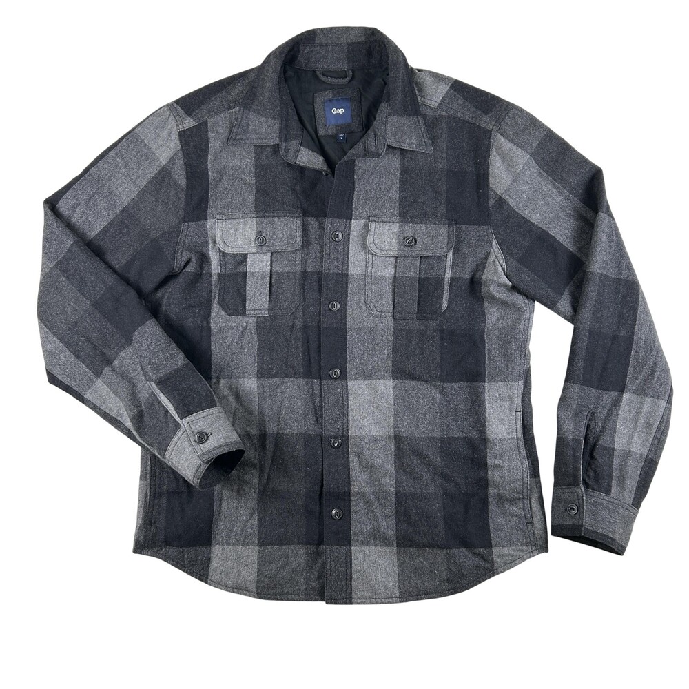 Gap Shirt Jacket Mens Large Wool Plaid Button Front Lined Pockets Shacket Gray